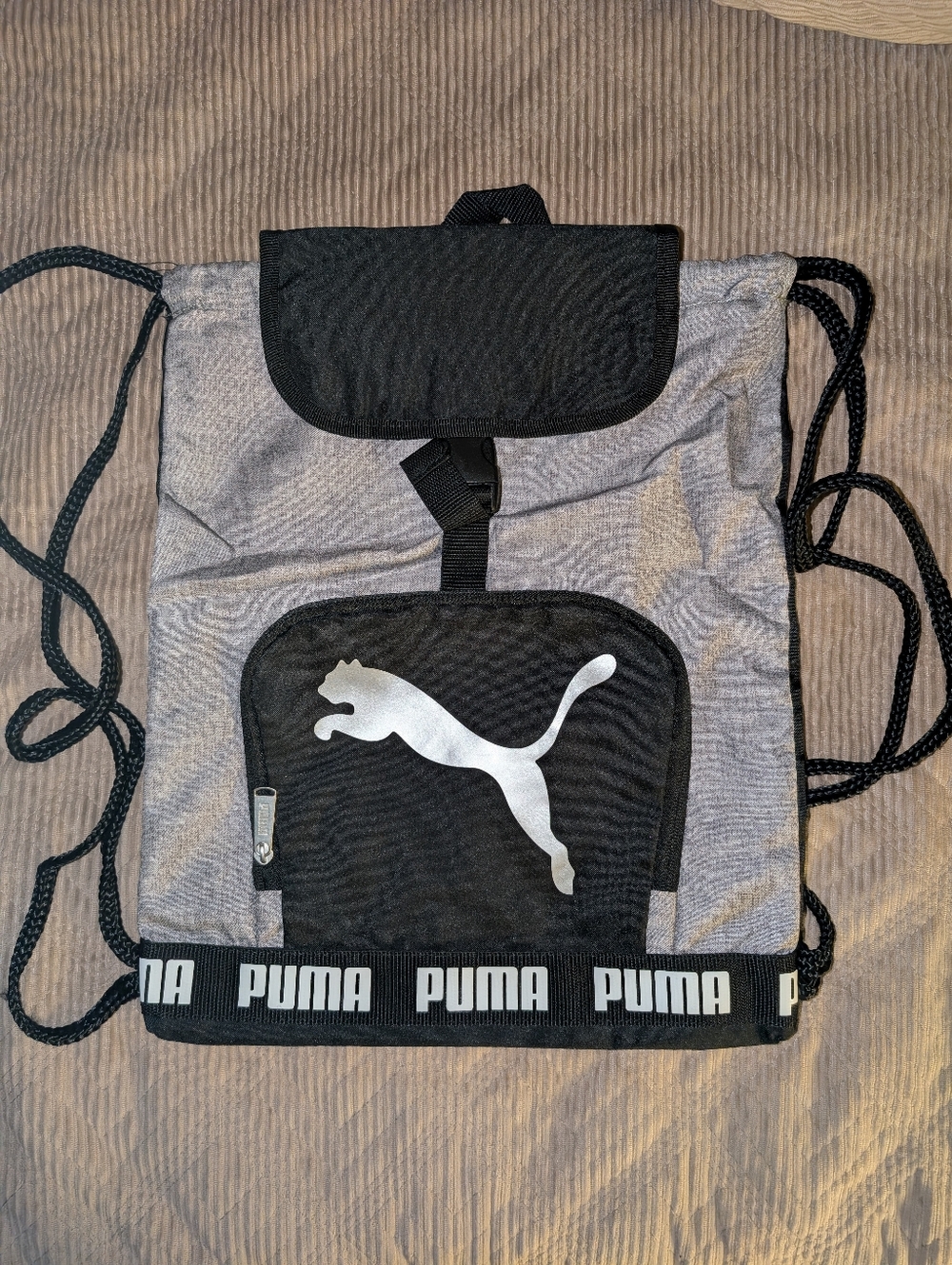 Puma Gray and Black Logo Drawstring Backpack